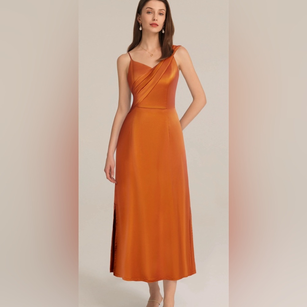 Grace Karin MIDI Dress Satin Orange Asymmetrical Shoulder Straps V Neck 8👍